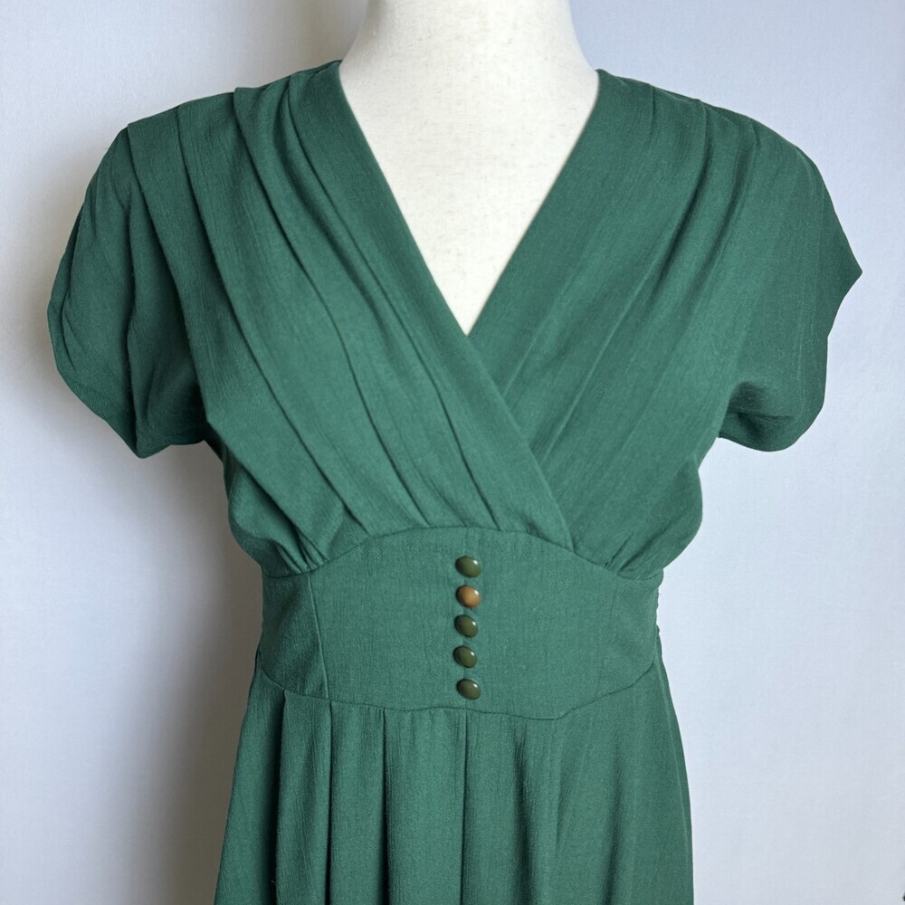 Vintage 90s Sunshine Starshine by Halmode Sz 10 Emerald Green Pleated Midi Dress - Picture 3 of 16